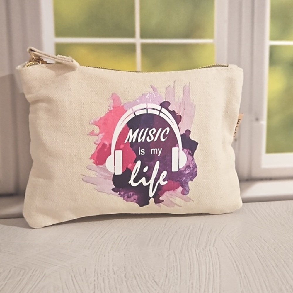 'Music is my life' make up bag purples on cream 'canvas' cotton,denim NWT